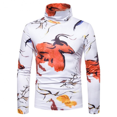 New Men's Large Size 3D Animal Ink Print High Neck Long Sleeve T-Shirt Bottoming Shirt