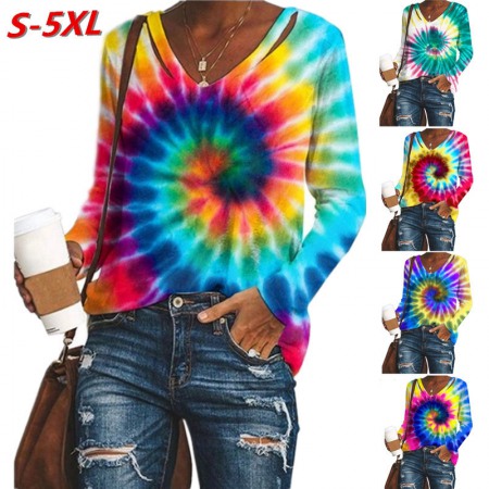 New Women's V-Neck Tie-Dye Printing Long-Sleeved Loose Top T-Shirt